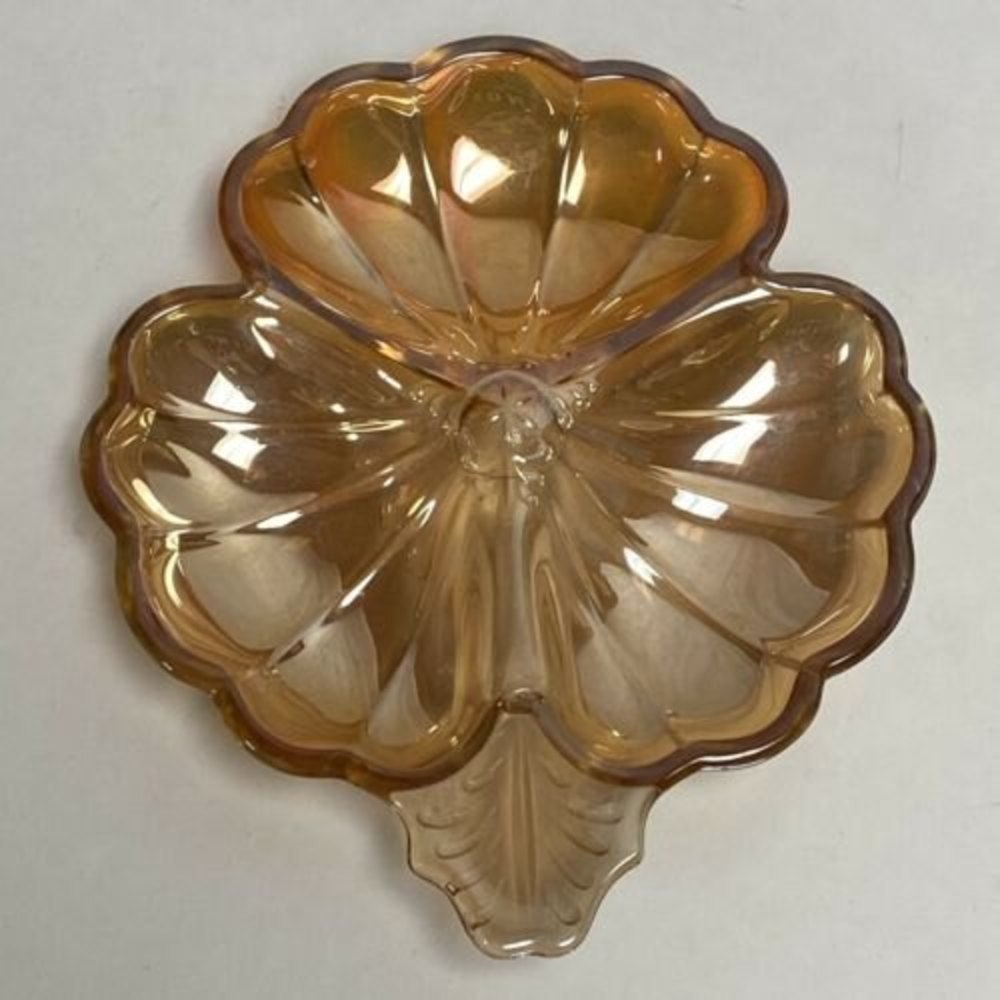 Jeannette Glass Marigold Iridescent Carnival Glass Doric Clover‎ Leaf Candy Dish